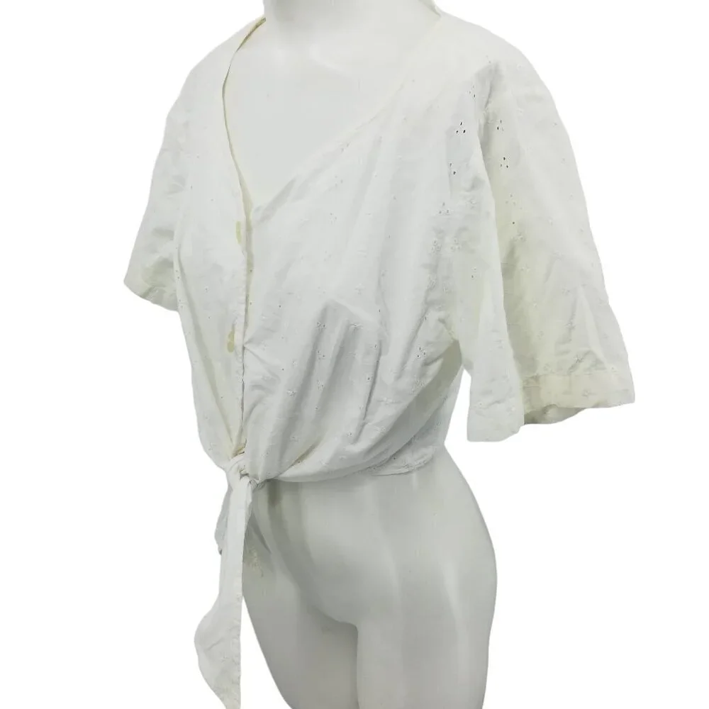 Vintage Stefano Cropped Eyelet Lace Tie Front Short Sleeve Blouse Size M Top 90s - Picture 4 of 11